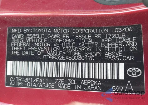 2006 Toyota Corolla Ce from USA, damaged, VIN JTDBR32EX60080490